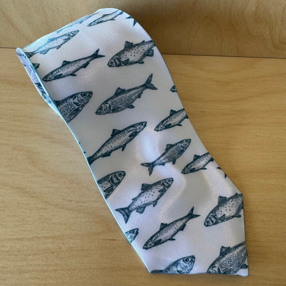 Handmade Fish Print Polyester Necktie Fishing Novelty Tie White & Blue Men’s Tie